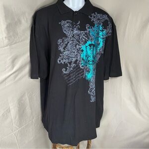 Vintage Y2K Bugle Boy Black and Teal metallic Polo Shirt XL